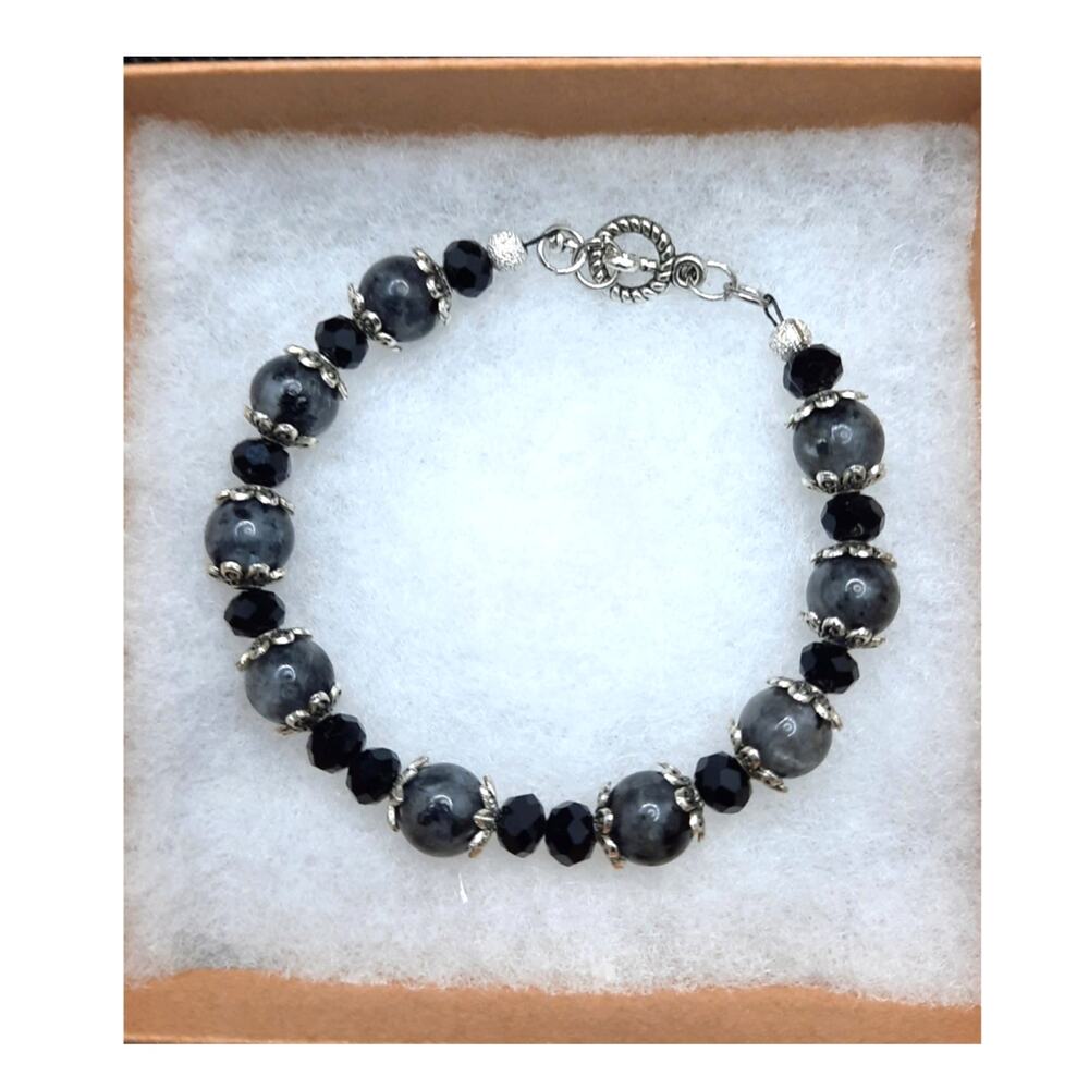 Artisan Black Labradorite Beaded Bracelet Toggle Clasp Silver Tone Elegant NEW